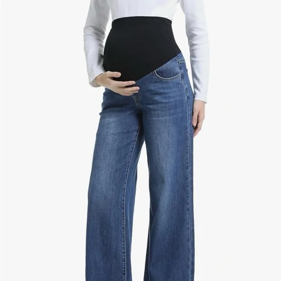 Amazon Maternity Wide-Leg Jeans with Black Overband and Blue Denim - Picture 1 of 3
